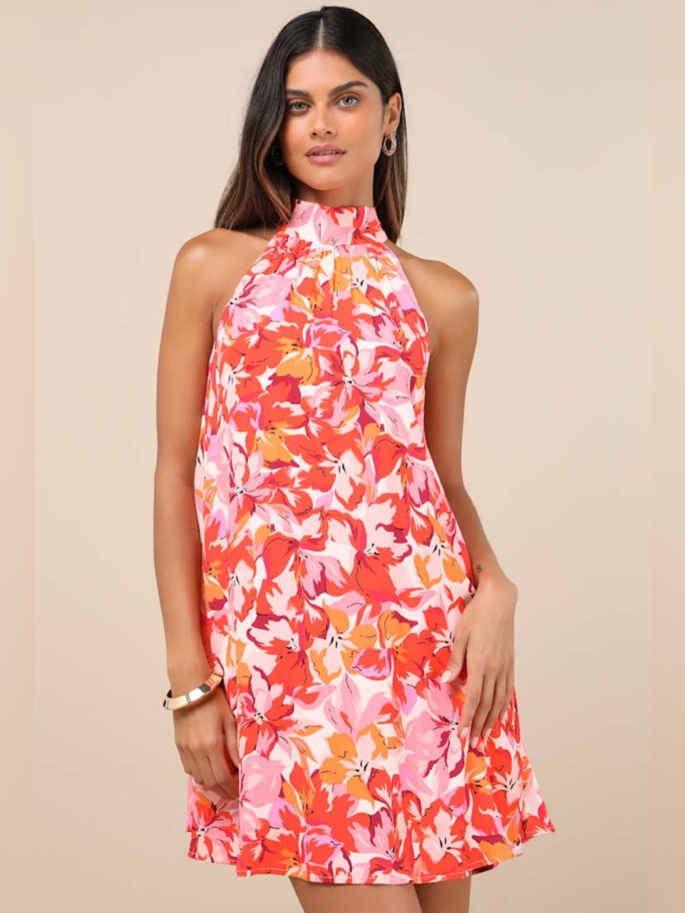 Lulus Tied Back To You Red and Pink Floral Print Mini Shift Dress XL NWT